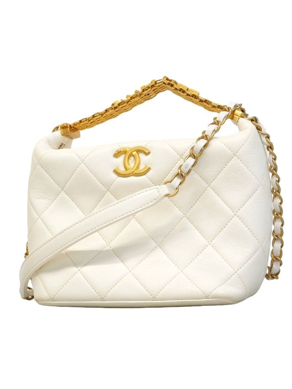 Chanel Handbag Quilted Hobo Lambskin White Gold 2-Way